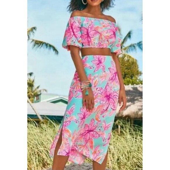 Lilly Pulitzer Dresses & Skirts - NWT Lilly Pulitzer Esmeray Midi 2PC Set Puff Sleeve Surf Blue Bonita Blooms Sz L